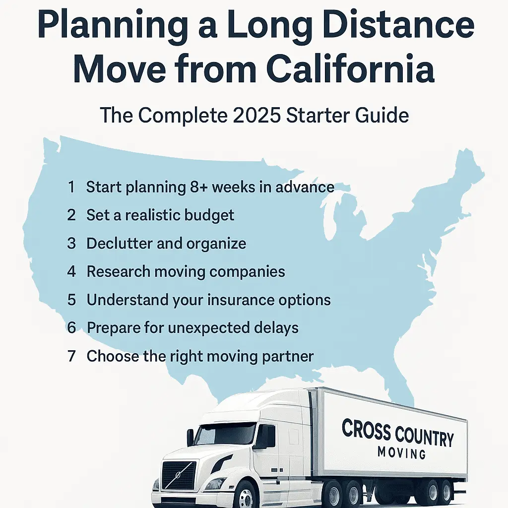 Illustration of long distance moving guide with a truck branded Cross Country Moving and a US map in background